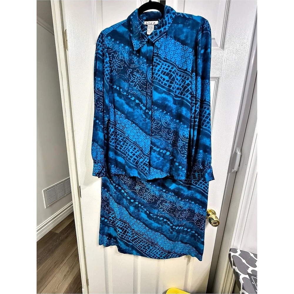 Bice Two Piece Skirt Set Blue Geometric Mixed Print Blouse Midi Skirt Womens 12